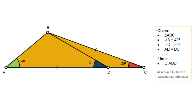 Geometry Problem 1389: Triangle, 40-120-20 degree, Angle, Congruence, Tutoring