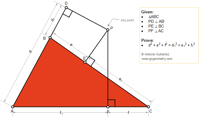 Geometry Problem 1390: Triangle, any point, perpendicular, sum of the squares, Tutoring