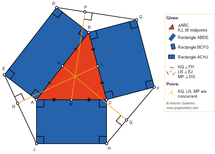 Geometry Problem 1395: Triangle with three rectangles on the sides, Midpoints, Perpendicular lines, Concurrency, Tutor