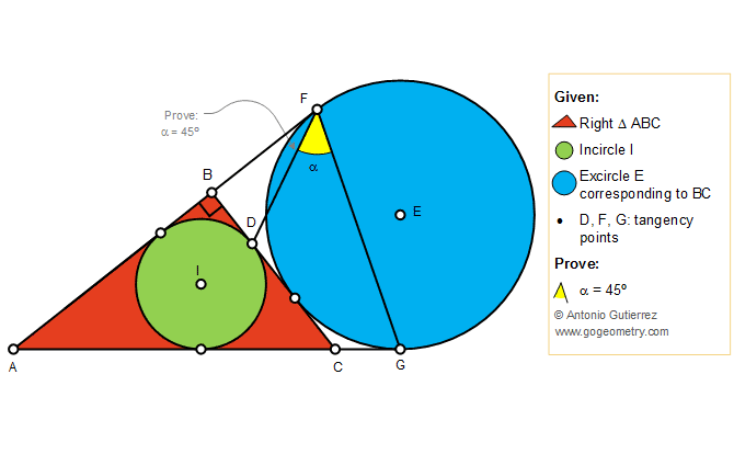 Geometry Problem 1410: Right Triangle, Incircle, Excircle, Tangency Points, 45 Degree Angle, Tutor