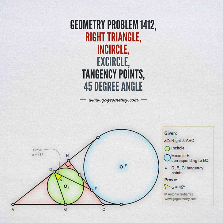 Poster of Geometry Problem 1412: Right Triangle, Incircle, Excircle, Tangency Points, 45 Degree Angle, Sketching, iPad, Typography, Art, SW, Tutor