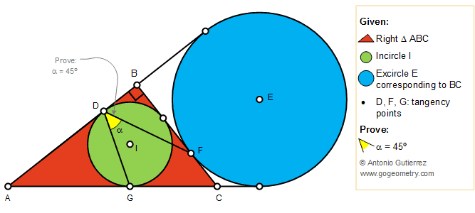 Geometry Problem 1412: Right Triangle, Incircle, Excircle, Tangency Points, 45 Degree Angle, Tutor