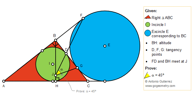 Geometry problem 1416: Right Triangle, Altitude, Incircle, Excircle, Tangency Points, 45 Degree Angle, Tutoring
