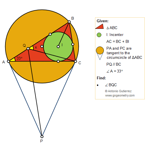 Geometry problem 1418: Triangle, Circumcircle, Incenter, Side, Sum of Segments, Tangent, Parallel, Angle, Tutoring