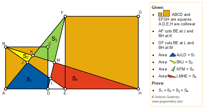 Geometry problem 1426: Two Squares, Collinear Points, Triangle, Quadrilateral, Sum of the Areas, Tutoring