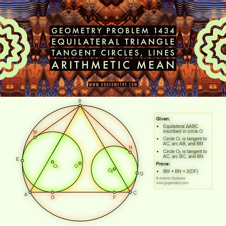 Poster of Geometry Problem 1434: Equilateral Triangle, Tangent Circles, Tangent Lines, Arithmetic Mean, Measurement, iPad Apps, Typography. Math Infographic, Tutor