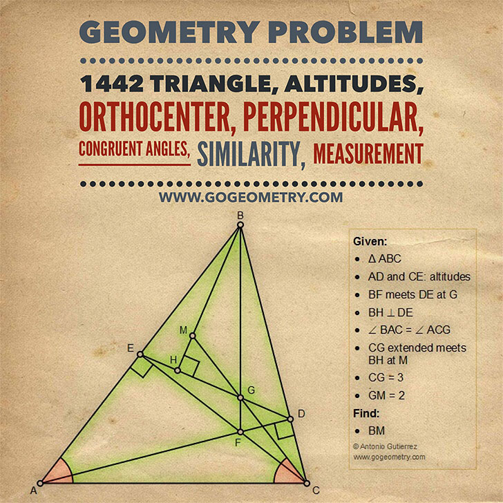 Poster of Geometry Problem 1442: Triangle, Altitudes, Orthocenter, Perpendicular, Congruent Angles, Similarity, Measurement, iPad Apps, Typography. Math Infographic, Tutor