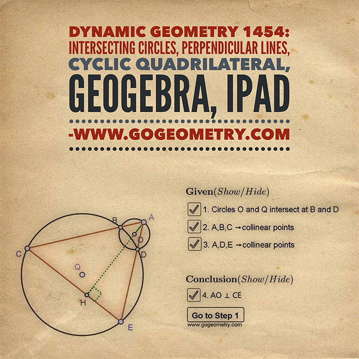 Poster of Problem 1454, Intersecting Circles, Perpendicular Lines, Cyclic Quadrilateral, Collinear points. Using iPad