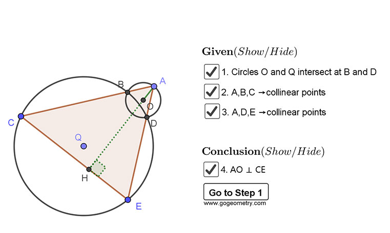 Dynamic Geometry 1454: Intersecting Circles, Perpendicular Lines, Cyclic Quadrilateral, Collinear points. Using GeoGebra