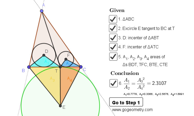 Dynamic Geometry 1458: Triangle, Incircles, Excircle, Area, Step-by-step Illustration. Using GeoGebra