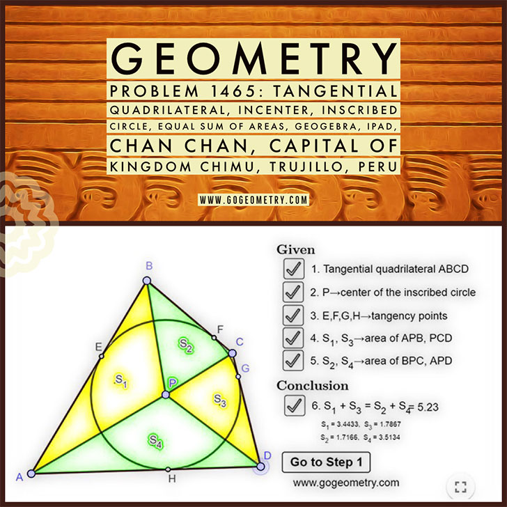 Poster of Problem 1465, Tangential Quadrilateral, Incenter, Inscribed Circle, Equal Sum of Areas, Chan Chan, Trujillo, Peru, Step-by-step Illustration, GeoGebra, iPad 