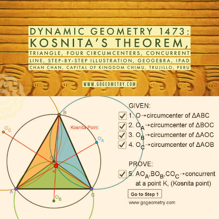 Dynamic Geometry  1473: Kosnita Theorem, Four Circumcenters, Concurrent Line, Step-by-step Illustration Using GeoGebra, iPad Apps