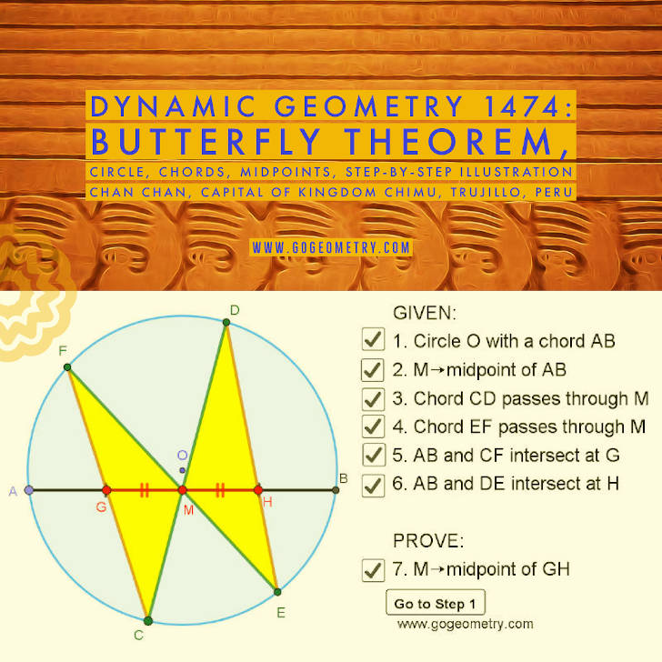 Dynamic Geometry  1474: Butterfly Theorem, Circle, Chords, Midpoints, Step-by-step Illustration Using GeoGebra, iPad Apps