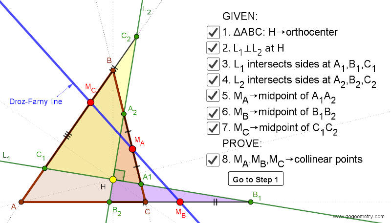 Problem 1476 Droz-Farny Line Theorem, Triangle, Orthocenter, Perpendicular, Collinear Midpoints, Step-by-step Illustration, iPad Apps