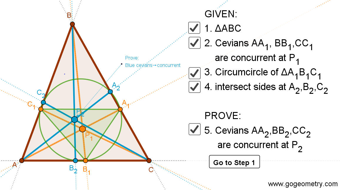 Problem 1478 Reuschle-Terquem Theorem, Concurrent Cevians, Triangle, Circumcircle, Step-by-step Illustration, iPad Apps