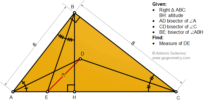 Geometry Problem 1487: Right Triangle, Altitude, Angle Bisectors, Measurement