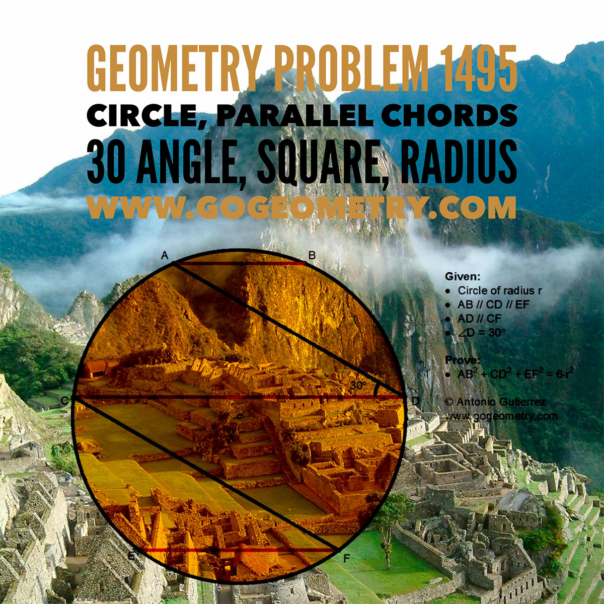 Geometry Problem 1495: Circle, Parallel Chords, 30 Degree Angle, Square, Machu Picchu in the background