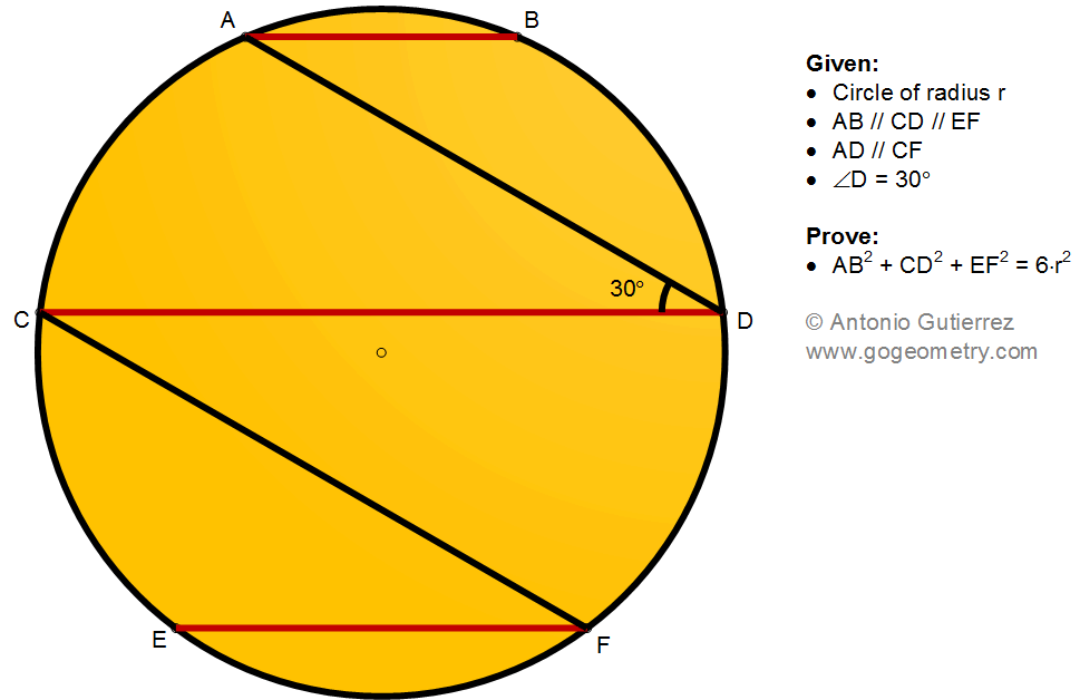 Geometry Problem 1495: Circle, Parallel Chords, 30 Degree Angle, Radius Squared