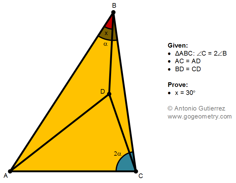 Geometry Problem 1496: Triangle, Congruence, Isosceles, Double Angle, 30 Degrees