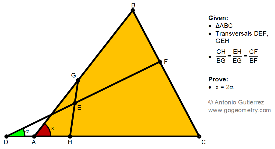 Geometry Problem 1497: Scalene Triangle, Transversal, Same Ratio, Proportionality, Isosceles, Double Angle