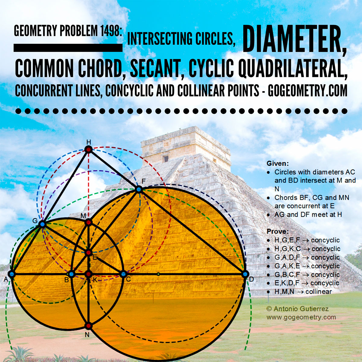 Geometry Problem 1498: Intersecting Circles, Diameter, Common Chord, Secant, Cyclic Quadrilateral, Concurrent Lines, Concyclic and Collinear Points, Chichen Itza in the background
