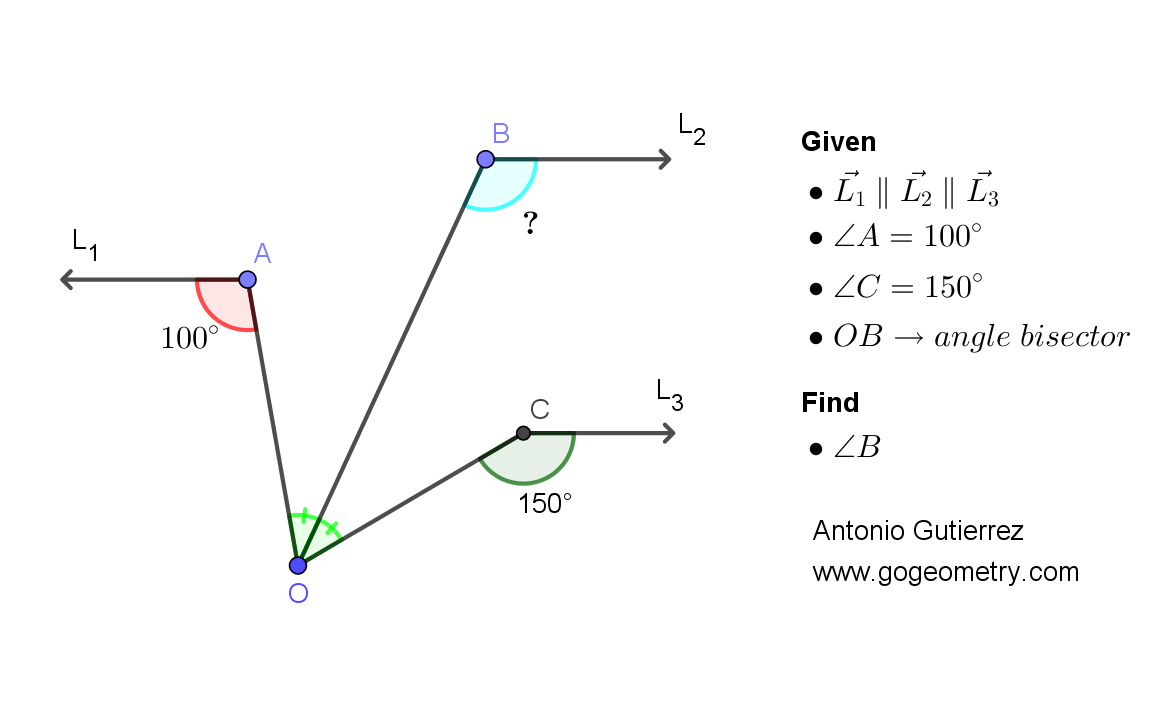 Geometry Problem 1505: Parallel Rays, Angles, and Bisector. Difficulty Level: High School.
