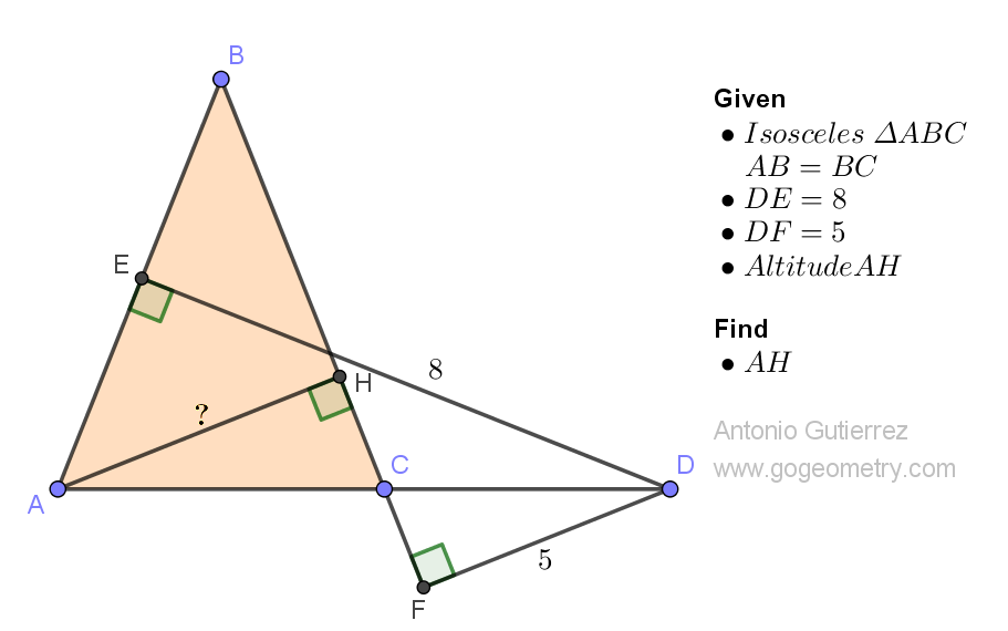 Geometry Problem 1511: Finding the Altitude of an Isosceles Triangle Using Distances from a Point on the Extension of the Base. Difficulty Level: High School