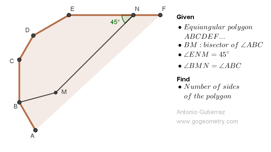 Geometry Problem 1518: Boost Your Geometry Skills: Solve for the Number of Sides in an Equiangular Polygon with an Interior Point and Bisected Angle. Difficulty Level: High School.