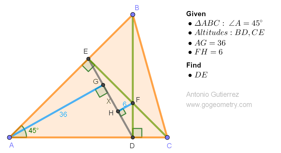 Geometry Problem 1548: Triangle ABC with 45-degree angle A. Altitudes BD and CE intersect at point F. Calculate segment DE length with distances: A to DE = 36 units, F to DE = 6 units.
