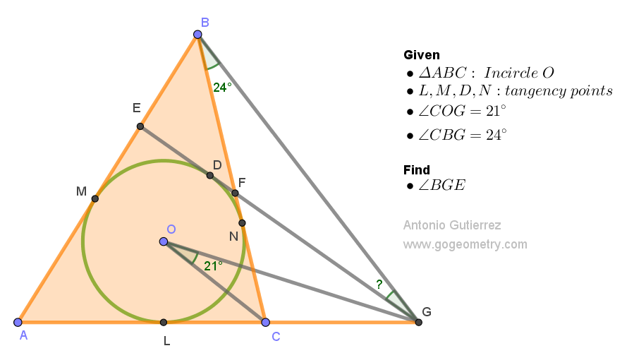 Geometry Problem 1549: Inscribed Circle and Tangents in Triangle ABC | Angle BGE Calculation.