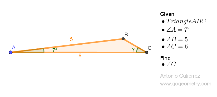 Illustration of problem 1552: Exploring Angle C in Triangle ABC with Given Angle A and Side Lengths