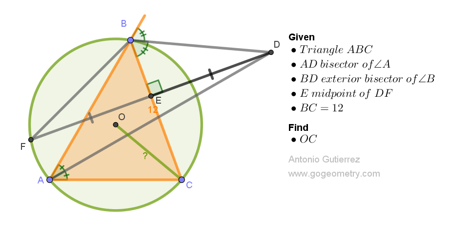 Illustration of problem 1553: Diagram of triangle ABC with angle bisectors, perpendiculars, and circumscribed circle centered at O
