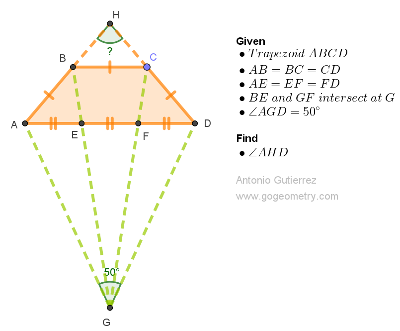 Illustration of Geometry problem 1560 of Trapezoid ABCD with labeled points and angles G and H.