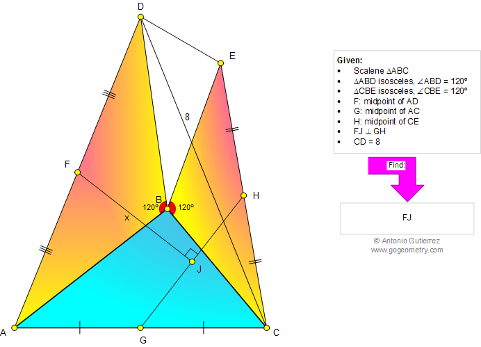 Geometry Problem 1000: Scalene Triangle, Isosceles, Angle, 120 Degree, Midpoint, Distance, Equilateral, Congruence, Perpendicular, Metric Relations