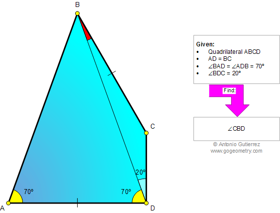 Geometry problem 832: Quadrilateral, Isosceles triangle, 70-70-40 degrees, Congruence, Auxiliary lines, Equilateral triangle