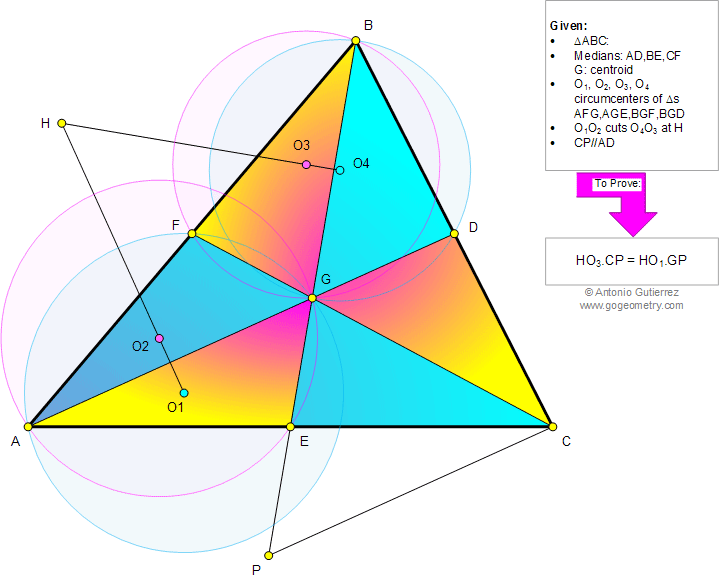 Triangle, Medians, Centroid, Four Circumcenters, Perpendicular, Parallel, Congruence, Similarity