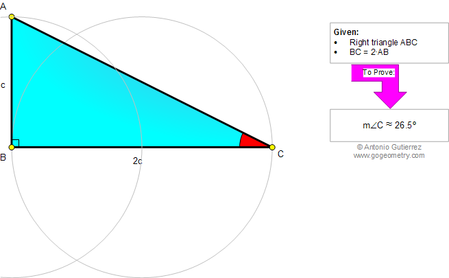 Right triangle, Catheti or legs ratio 1:2, 26.5 Degrees. Double angle