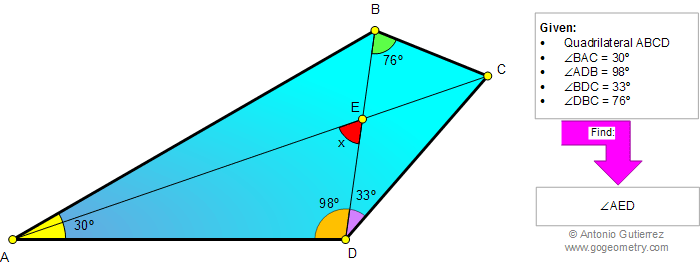 Geometry problem 856: Quadrilateral, Diagonals, Triangle, Angles, 30 degrees, Congruence, Auxiliary lines
