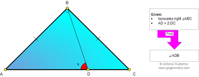 Online Geometry Problem 858: Isosceles Right Triangle, Cevian, Ratio 2:1, 45 Degrees, Congruence, Angles, Auxiliary Lines