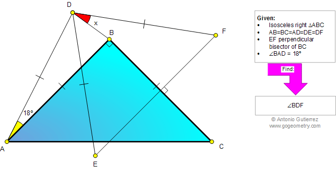 Problem 859: Isosceles Right Triangle, Angles,18, 45 Degrees, Congruence, Perpendicular bisector, Auxiliary Lines