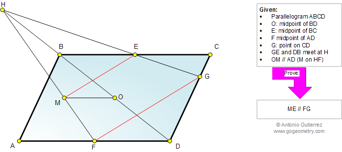 Geometry problem 865: Parallelogram, Diagonal, Midpoint, Side, Triangle, Parallel, Similarity