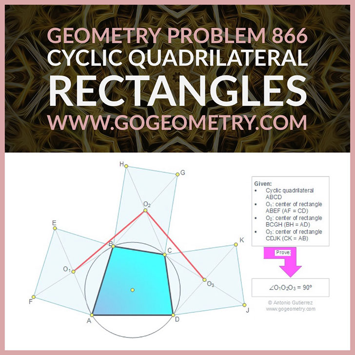 Typography of Geometry Problem 866: Cyclic Quadrilateral, Circle, Rectangle, Center, Congruence, 90 Degrees, iPad Apps. Math Infographic, Tutor