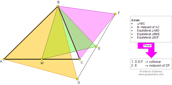 Geometry Problem 869: Triangle, Median, Three Equilateral Triangles, Collinear Points, Midpoint