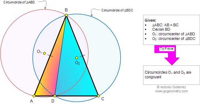 Geometry problem 874: Isosceles Triangle, Circumcircle, Circumcenter, Congruence