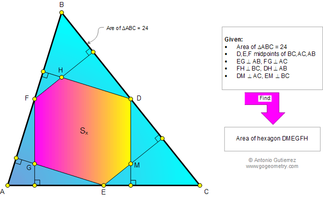 Geometry Problem: Triangle, Midpoints, Sides, Perpendiculars, Hexagon, Area