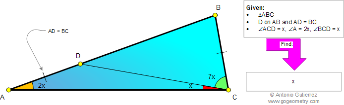 Geometry Problem: Triangle, Angle x, 2x, 7x, Cevian, Congruence, Auxiliary Lines