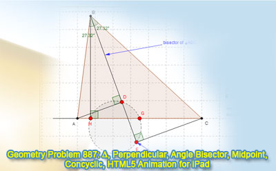 Geometry Problem 887: Triangle, Altitude, Angle Bisector, Perpendicular, Midpoint, Concyclic Points. GeoGebra, HTML5 Animation for Tablets
