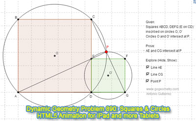 Two Squares inscribed in Circles, Concurrent Lines. GeoGebra, HTML5 Animation for Tablets