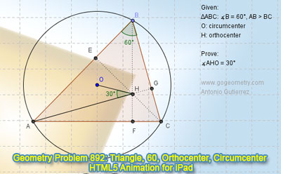 Dynamic Geometry Problem 892: Triangle, 60 degrees, Orthocenter, Circumcenter. HTML5 Animation for Tablets