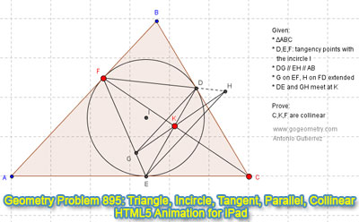 Dynamic Geometry Problem 895: Triangle, Incircle, Tangency Points, Parallel lines, Collinear Points. HTML5 Animation for Tablets